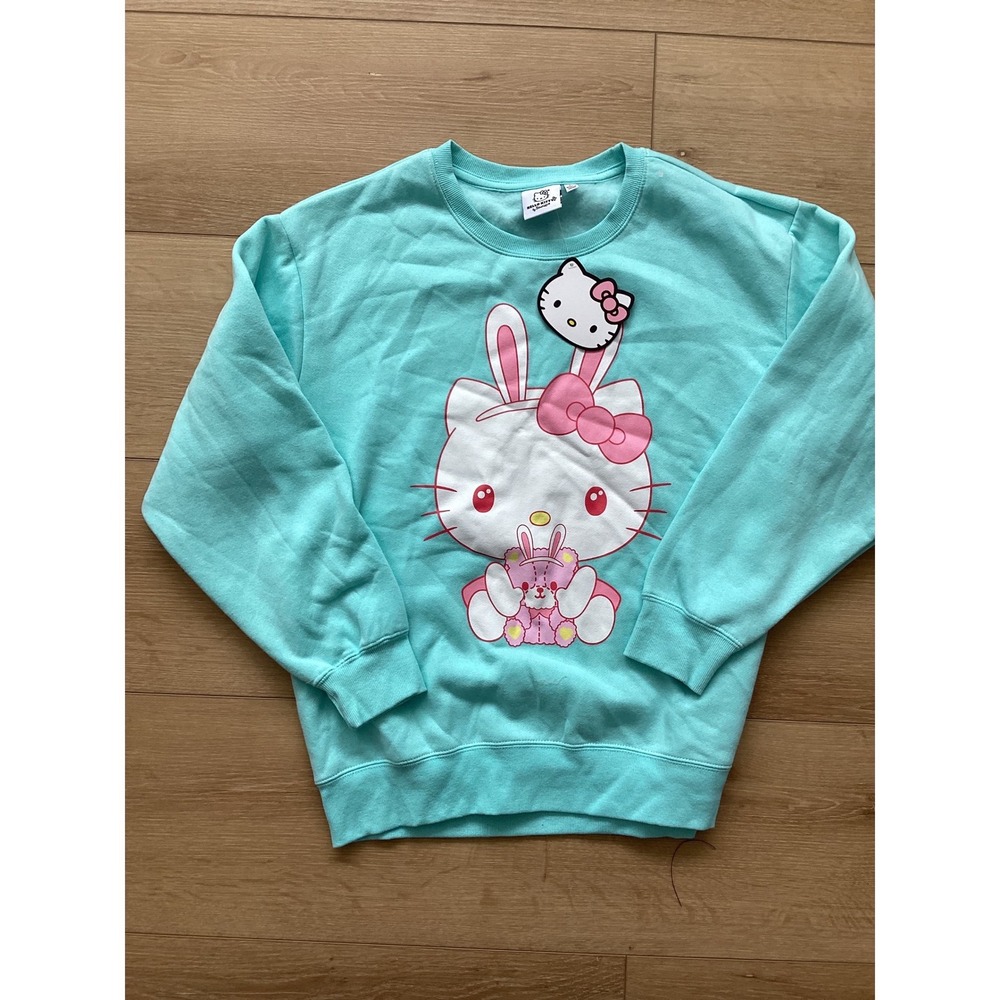 Hello Kitty Sanrio Easter bunny Sweatshirt crewneck Blue Graphic Pullover Large